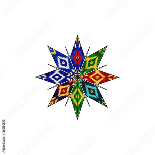 Vibrant Ikat Patterned Starburst Design on White Background.