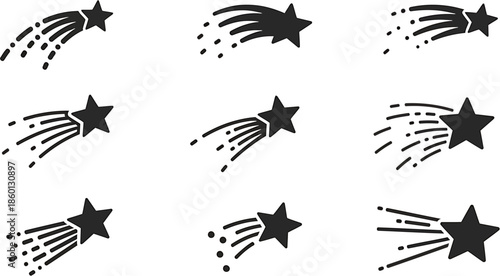 Stylized black shooting star vector icons with dynamic trails, symbolizing wishes, dreams, and celestial wonder for modern graphic design and digital media