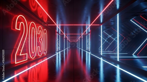 neon casino sign, Futuristic 2030 Neon Corridor Tunnel with Glowing Red and Blue Lights