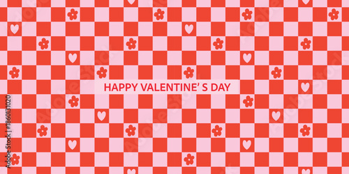 Pink red checker Valentine banner with scattered hearts and flowers. Retro geometric pattern background for social media, web page, fabric, card design.
