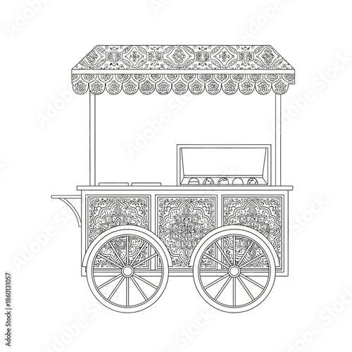 Intricate Vintage Food Cart Illustration with Decorative Details.