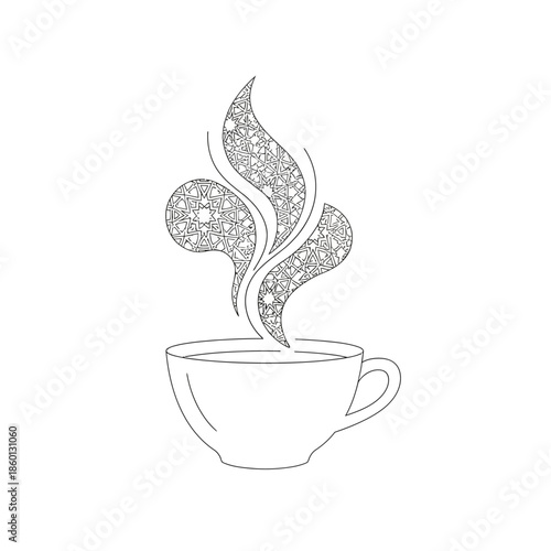 Steaming cup of coffee with intricate floral steam design.