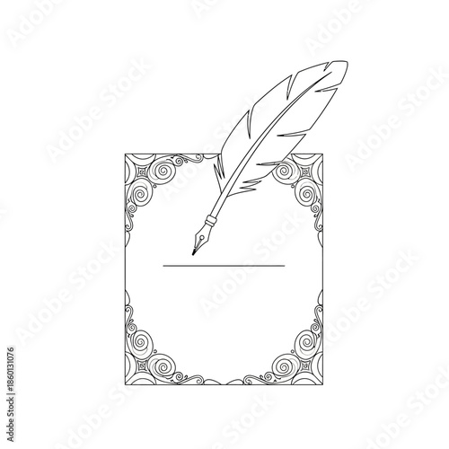 Quill Pen and Ornate Paper Outline Drawing.