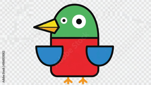 Whimsical cartoon parrot character with green head and red body illustration.