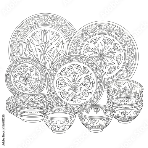 Detailed Line Art of a Full Dinnerware Set with Intricate Floral Patterns.