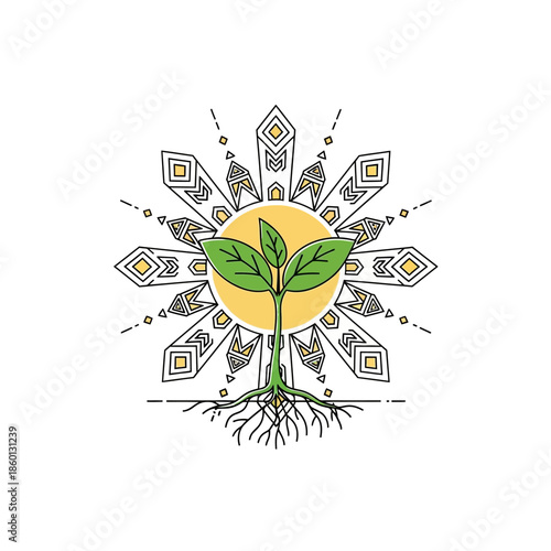 Sprout with Roots and Geometric Sunburst - Growth and Heritage.