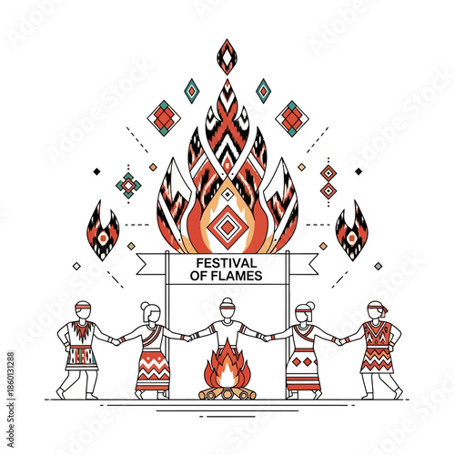 People Dancing Around A Bonfire In Traditional Outfits.
