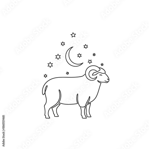 Aries zodiac sign ram with moon and stars illustration.