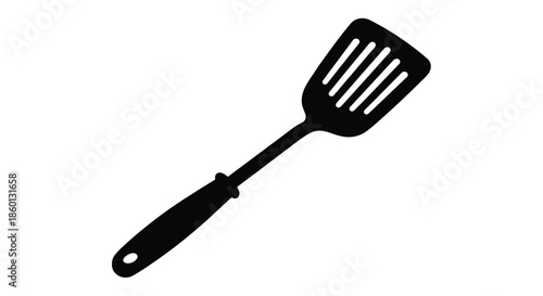 Silhouette vector graphic illustration of a slotted cooking spatula tool featuring a long handle and perforated wide head isolated on a clean white background perfect for kitchen design elements.
