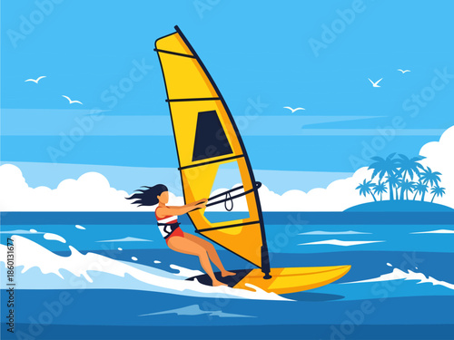 With seagulls soaring overhead, a windsurfer leans into the breeze on her yellow board, cutting through foamy blue waves as she glides past a distant tropical island crowned with swaying palm trees