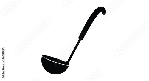 Simple black silhouette graphic representing a kitchen ladle utensil commonly used for serving soups stews or sauces in a culinary setting illustrating basic cooking equipment design