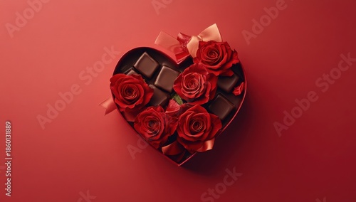 Heart-shaped box with roses and chocolates