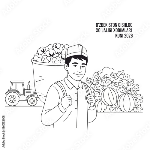 Young Uzbek farmer carrying a basket of cotton on his back.