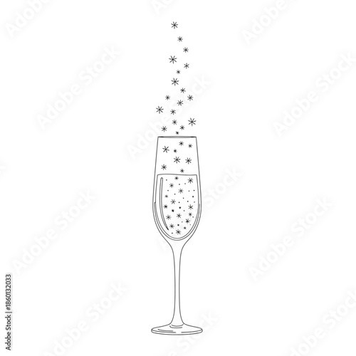 Elegant hand drawn sketch of a sparkling champagne flute with stars.