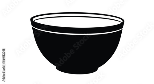 Simple black and white graphic silhouette icon representing a classic deep rounded bowl often used for serving soup cereal or mixing ingredients in a minimalist design style