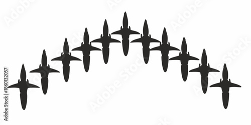 Black Silhouette of Birds Flying in Organized Formation Illustrating Migration and Teamwork in Nature