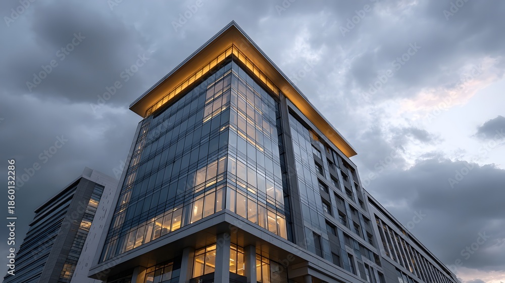 Obraz premium Modern glass office building facade reflecting dramatic twilight sky with clouds