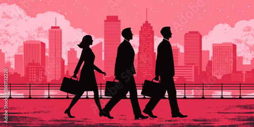 Corporate Professionals Walking into a City Skyline Silhouette Symbolizing Ambition and Urban Life