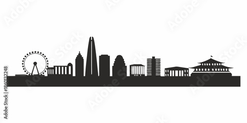 Abstract Minimalist City Skyline Silhouette with a Symmetrical Ground Reflection Pattern