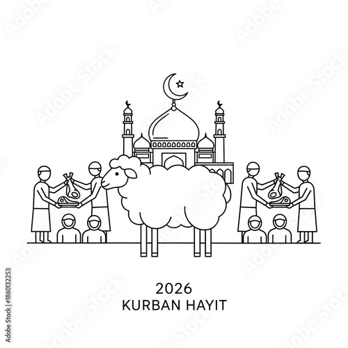 Kurban Hayit 2026 celebration with mosque, sheep, and people sharing alms.