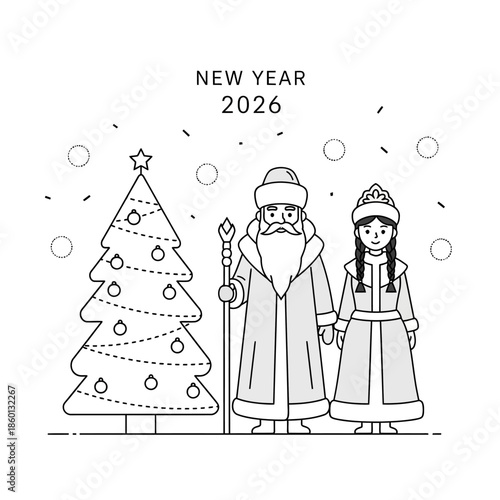 Ded Moroz and Snegurochka with a Christmas tree line art illustration.