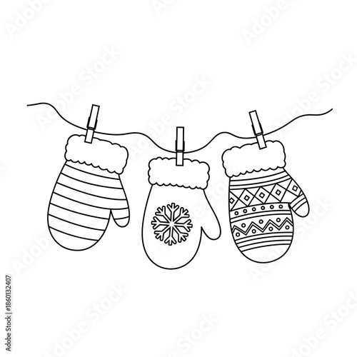 Mittens Hanging on a Clothesline - Winter Coloring Page.