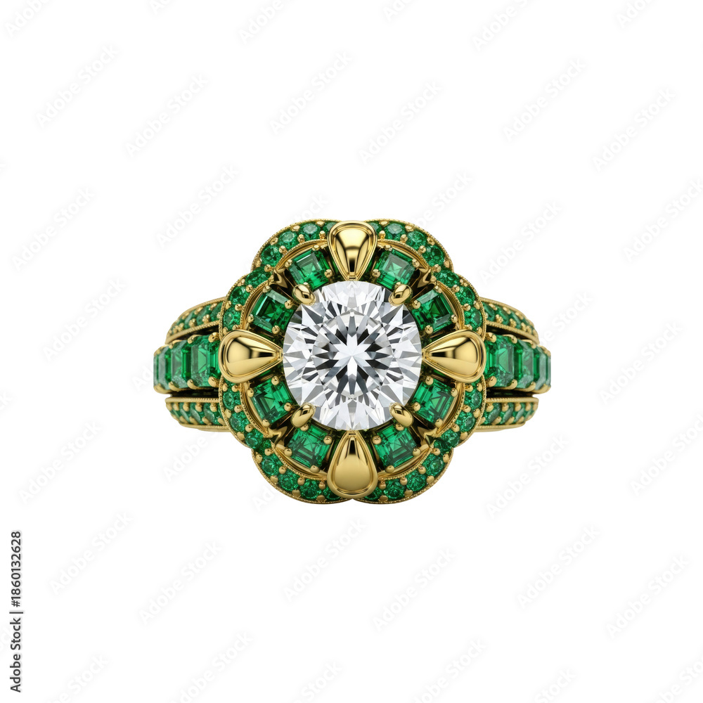 Fototapeta premium Diamond ring with emeralds and gold