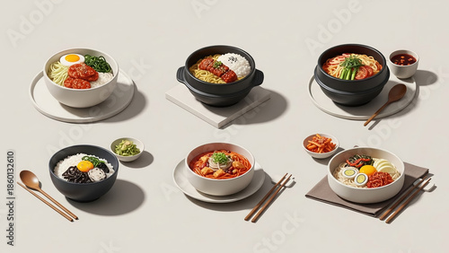 Collection set of Diverse Korean Food Dishes (ramen, bulgogi) on isometric ilustration