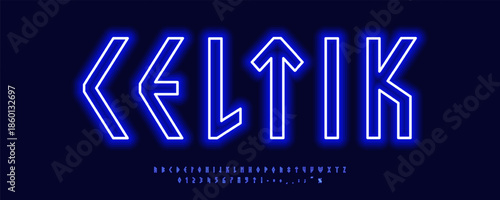 Nordic Neon Font Logo Alphabet Vector Light Effect Letters Set Modern Typography, Celtic Glowing Typographic Design for Title Text, Scandinavian Poster Headline, Medieval Fonts. Vector Typeface