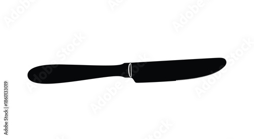 Black silhouette graphic of a serrated steak knife handle and partially visible blade isolated on a white background representing cutlery or dining equipment.