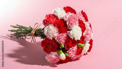 Beautiful bouquet of red, pink, and white carnations tied with twine