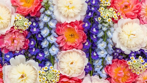 Vibrant assortment of peonies and blue delphinium flowers in full bloom