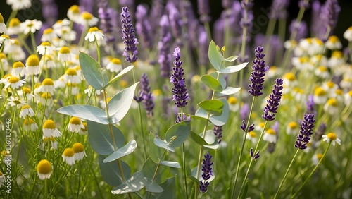Closeup of vibrant purple lavender flowers blooming among small white and yellow chamomile flowers in a garden