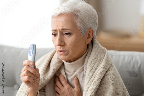 Concerned Senior Woman Checking Temperature with Digital Thermometer