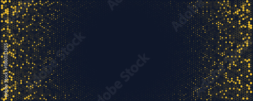 Hexagon Background Glowing Honeycomb Pattern In Yellow Blue Colors for AI, Tech Digital Forum and Conference Ad Presentation. Hexagonal Modern Texture. Halftone Gradient Backdrop. Vector Abstract BG