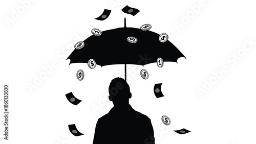 Silhouette of a person holding an umbrella protecting themselves from a storm of falling money including dollar coins and banknotes symbolizing financial security and wealth protection concepts