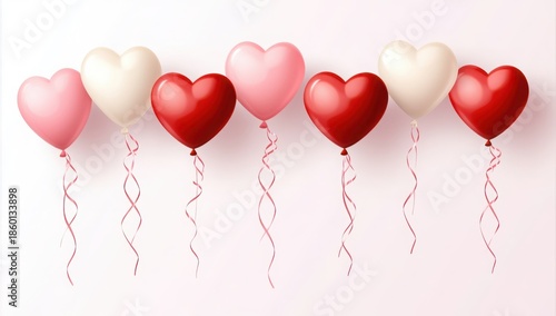 Heart-shaped balloons floating in a row