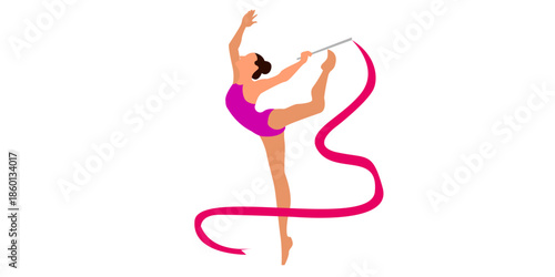 Graceful gymnast performing rhythmic routine with pink ribbon
