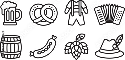 Bavarian oktoberfest festival celebration outline icons including beer food and traditional clothing elements