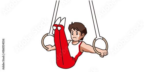 Young gymnast performing skillful routine on still rings