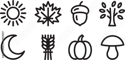 Autumn harvest and thanksgiving season line icons set including sun maple leaf acorn and pumpkin outline collection