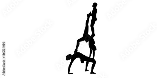 Three people in acrobatic stacked pose on white background