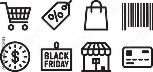Black friday shopping sale and retail commerce line icons set including cart price tag and store front outlines