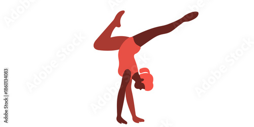 Woman in red leotard performing handstand with legs raised