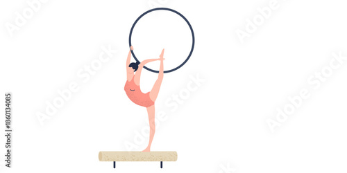 Flexible woman performing acrobatics with hoop on balance beam