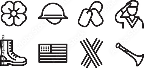 Collection of linear icons representing military service veteran recognition and remembrance symbols set