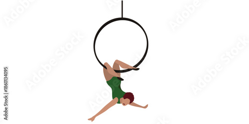 Dancer performing aerial hoop acrobatics in green costume