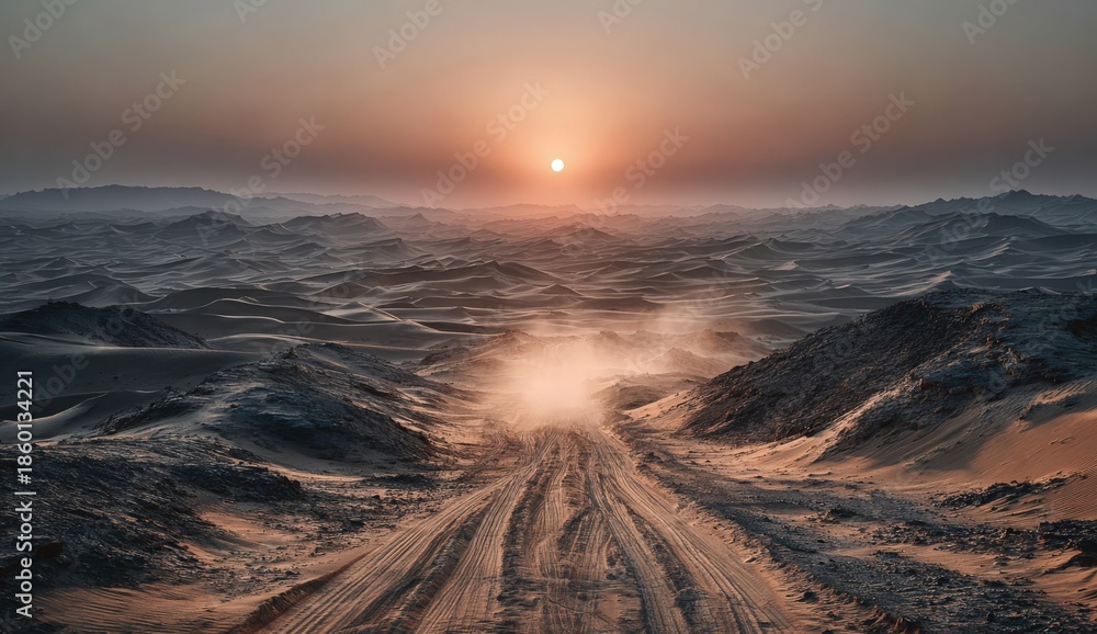 Fototapeta premium Vast desert landscape at sunset, showcasing undulating sand dunes and a winding dirt road, with warm hues illuminating the horizon and creating a serene atmosphere