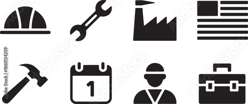 Flat design icons representing professional industrial labor construction and mechanical engineering jobs