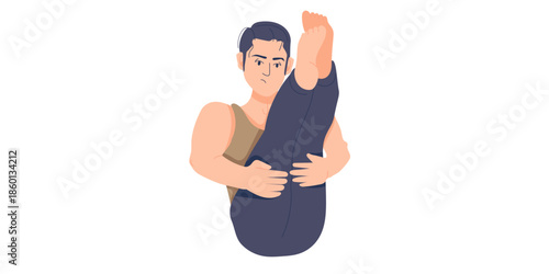 Man in yoga pose with one leg raised high